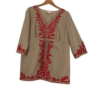 Michael Kors Women’s Tunic Blouse 1X Beige Red Embroidered Peasant Boho Artsy